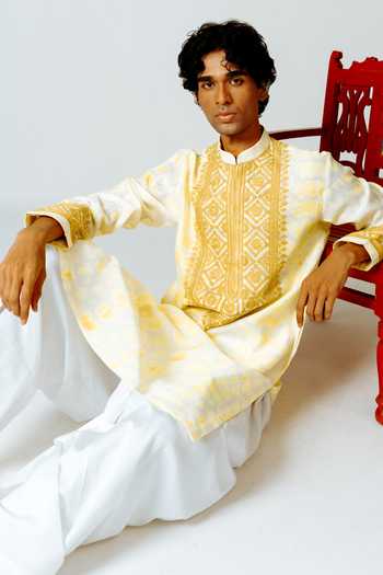 Shop_Wabi Sabi By Anshum-Ritesh_Yellow Cotton, Chanderi Dyed Garland Embroidered Kurta With Dhoti Pant _Online_at_Aza_Fashions