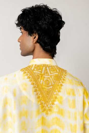 Buy_Wabi Sabi By Anshum-Ritesh_Yellow Cotton, Chanderi Dyed Garland Embroidered Kurta With Dhoti Pant 