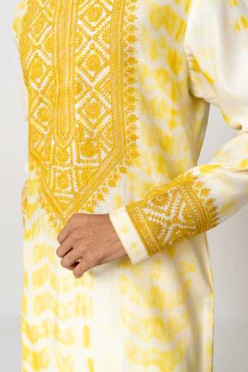 Shop_Wabi Sabi By Anshum-Ritesh_Yellow Cotton, Chanderi Dyed Garland Embroidered Kurta With Dhoti Pant 
