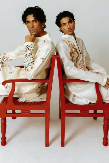 Buy_Wabi Sabi By Anshum-Ritesh_Beige Cotton, Chanderi Morning Meadow Embroidered Kurta With Pant _Online_at_Aza_Fashions