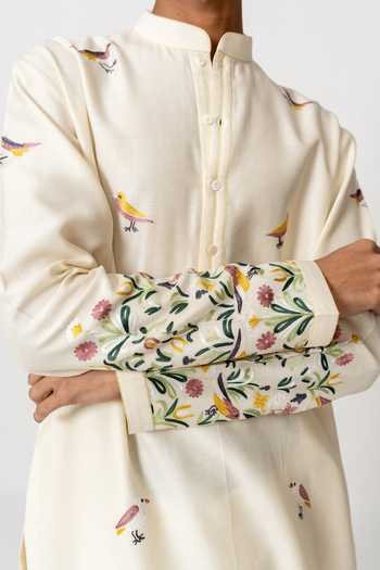 Buy_Wabi Sabi By Anshum-Ritesh_Beige Cotton, Chanderi Morning Meadow Embroidered Kurta With Pant 