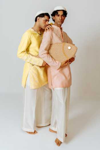 Buy_Wabi Sabi By Anshum-Ritesh_Peach Chanderi Scroll Medallion Embroidered Kurta With Pant _Online_at_Aza_Fashions