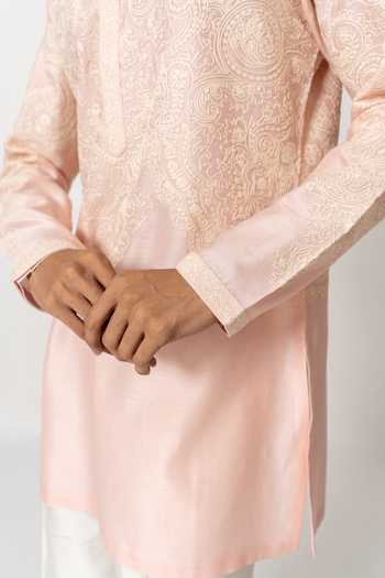 Shop_Wabi Sabi By Anshum-Ritesh_Peach Chanderi Scroll Medallion Embroidered Kurta With Pant _Online_at_Aza_Fashions