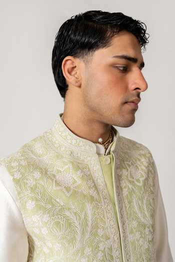 Buy_Wabi Sabi By Anshum-Ritesh_Mint Cotton, Chanderi Embroidery Bloom Bundi Kurta Set _Online_at_Aza_Fashions