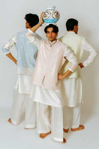 Wabi Sabi By Anshum-Ritesh_Mint Cotton, Chanderi Embroidery Bloom Bundi Kurta Set _at_Aza_Fashions