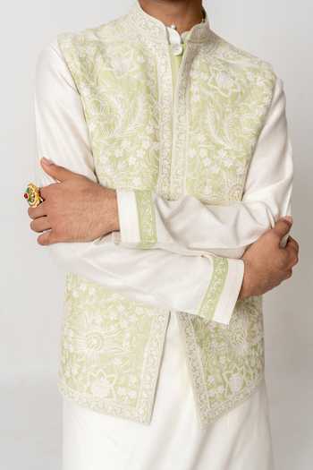 Buy_Wabi Sabi By Anshum-Ritesh_Mint Cotton, Chanderi Embroidery Bloom Bundi Kurta Set 