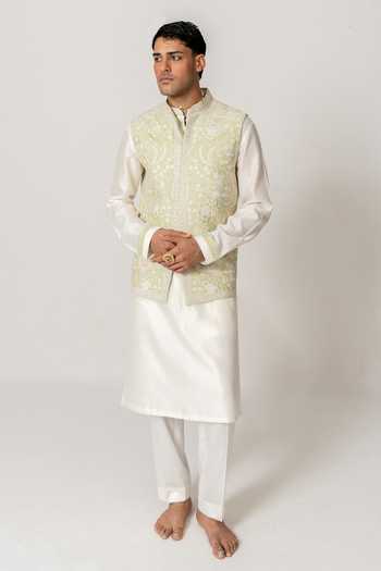 Wabi Sabi By Anshum-Ritesh Mint Bloom Embroidered Bundi Kurta Set 