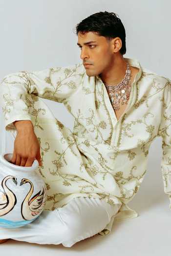 Buy_Wabi Sabi By Anshum-Ritesh_Green Cotton, Chanderi Dyed Floral Vine Embroidered Kurta Set _Online_at_Aza_Fashions