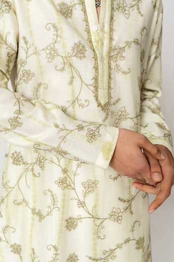 Shop_Wabi Sabi By Anshum-Ritesh_Green Cotton, Chanderi Dyed Floral Vine Embroidered Kurta Set _Online_at_Aza_Fashions