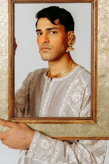 Shop_Wabi Sabi By Anshum-Ritesh_Grey Chanderi Bias Bel Embroidered Kurta Set _Online_at_Aza_Fashions