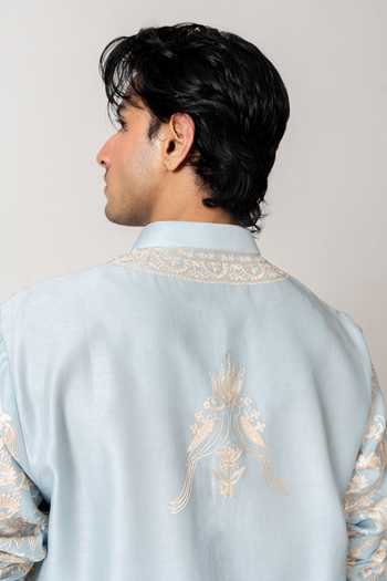 Wabi Sabi By Anshum-Ritesh_Blue Cotton, Chanderi Songbird Garden Embroidered Kurta Set _Online_at_Aza_Fashions