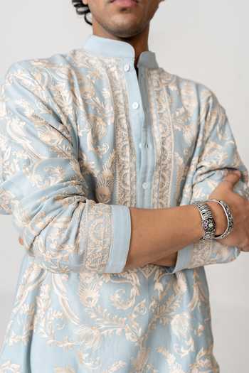 Buy_Wabi Sabi By Anshum-Ritesh_Blue Cotton, Chanderi Songbird Garden Embroidered Kurta Set _Online_at_Aza_Fashions