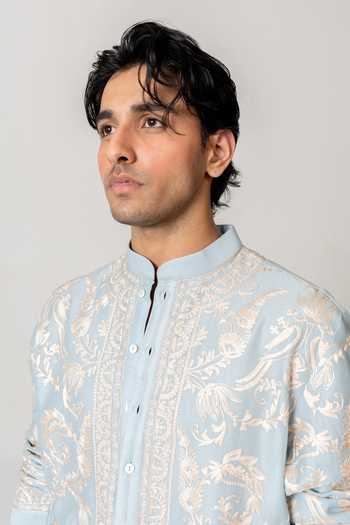 Shop_Wabi Sabi By Anshum-Ritesh_Blue Cotton, Chanderi Songbird Garden Embroidered Kurta Set _Online_at_Aza_Fashions