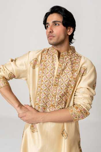 Buy_Wabi Sabi By Anshum-Ritesh_Beige Cotton, Chanderi Navrang Embroidered Kurta Set 