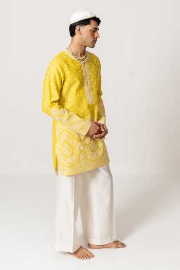 Wabi Sabi By Anshum-Ritesh_Yellow Chanderi Phool Booti Embroidered Kurta And Pant Set _Online_at_Aza_Fashions