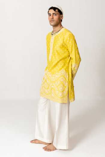 Shop_Wabi Sabi By Anshum-Ritesh_Yellow Chanderi Phool Booti Embroidered Kurta And Pant Set _Online_at_Aza_Fashions