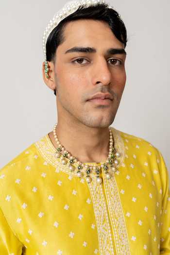 Shop_Wabi Sabi By Anshum-Ritesh_Yellow Chanderi Phool Booti Embroidered Kurta And Pant Set 
