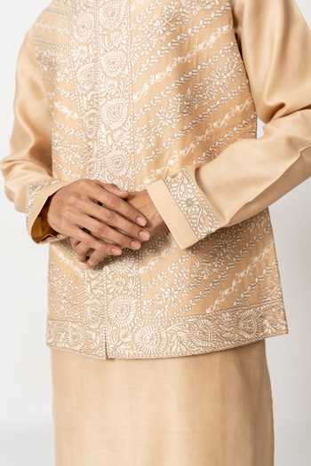 Buy_Wabi Sabi By Anshum-Ritesh_Beige Cotton, Chanderi Embroidery Ambi Baag Bundi Kurta Set _Online_at_Aza_Fashions