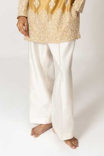 Buy_Wabi Sabi By Anshum-Ritesh_Mustard Chanderi Ornate Base Embroidered Kurta Set _Online_at_Aza_Fashions