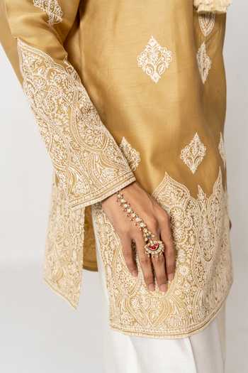 Buy_Wabi Sabi By Anshum-Ritesh_Mustard Chanderi Ornate Base Embroidered Kurta Set 