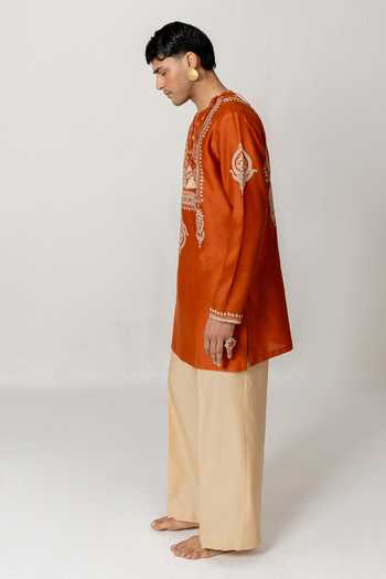 Buy_Wabi Sabi By Anshum-Ritesh_Orange Chanderi Floral Yoke Embroidered Kurta Set _Online_at_Aza_Fashions