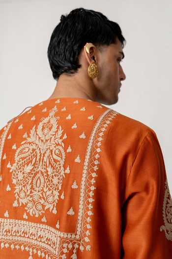 Shop_Wabi Sabi By Anshum-Ritesh_Orange Chanderi Floral Yoke Embroidered Kurta Set _Online_at_Aza_Fashions