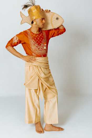 Buy_Wabi Sabi By Anshum-Ritesh_Orange Chanderi Floral Yoke Embroidered Kurta Set 