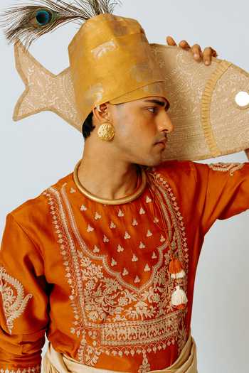 Shop_Wabi Sabi By Anshum-Ritesh_Orange Chanderi Floral Yoke Embroidered Kurta Set 