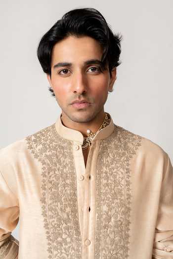 Shop_Wabi Sabi By Anshum-Ritesh_Beige Cotton, Chanderi Dyed Orchard Crest Embroidered Kurta With Pant _Online_at_Aza_Fashions
