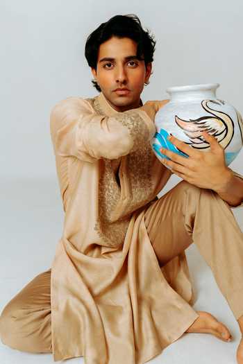 Wabi Sabi By Anshum-Ritesh_Beige Cotton, Chanderi Dyed Orchard Crest Embroidered Kurta With Pant _at_Aza_Fashions