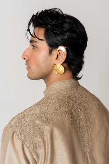 Buy_Wabi Sabi By Anshum-Ritesh_Beige Cotton, Chanderi Floral Crest Embroidered Kurta Set _Online_at_Aza_Fashions