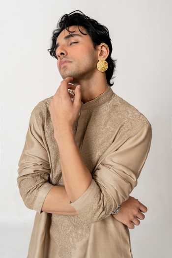 Shop_Wabi Sabi By Anshum-Ritesh_Beige Cotton, Chanderi Floral Crest Embroidered Kurta Set _Online_at_Aza_Fashions