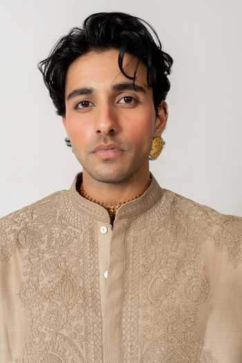 Buy_Wabi Sabi By Anshum-Ritesh_Beige Cotton, Chanderi Floral Crest Embroidered Kurta Set 