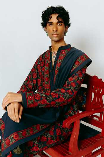 Shop_Wabi Sabi By Anshum-Ritesh_Blue Cotton, Chanderi Gulab Bagh Embroidered Kurta Set _Online_at_Aza_Fashions