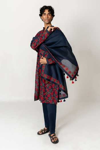 Wabi Sabi By Anshum-Ritesh_Blue Cotton, Chanderi Gulab Bagh Embroidered Kurta Set _at_Aza_Fashions