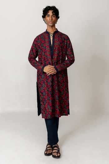 Buy_Wabi Sabi By Anshum-Ritesh_Blue Cotton, Chanderi Gulab Bagh Embroidered Kurta Set 