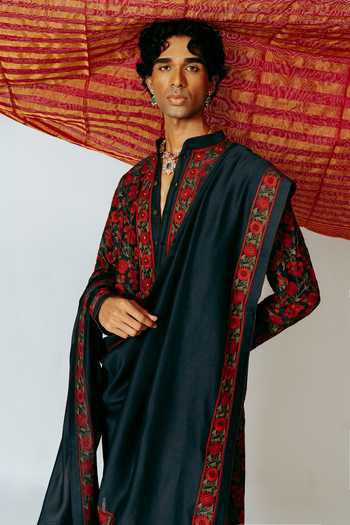 Shop_Wabi Sabi By Anshum-Ritesh_Blue Cotton, Chanderi Gulab Bagh Embroidered Kurta Set 