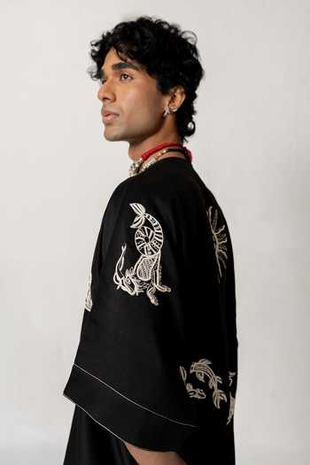 Wabi Sabi By Anshum-Ritesh_Black Chanderi Astral Signs Embroidered Kurta Set _Online_at_Aza_Fashions
