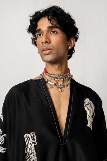 Shop_Wabi Sabi By Anshum-Ritesh_Black Chanderi Astral Signs Embroidered Kurta Set _Online_at_Aza_Fashions