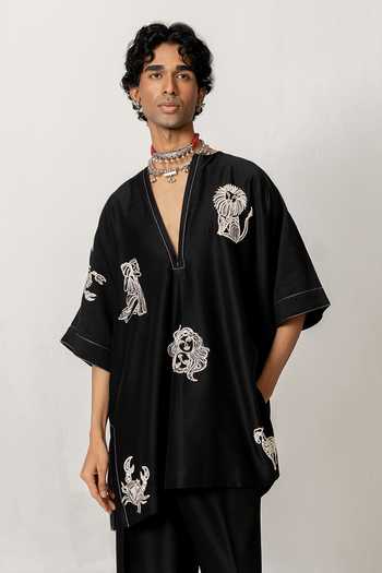 Wabi Sabi By Anshum-Ritesh_Black Chanderi Astral Signs Embroidered Kurta Set _at_Aza_Fashions