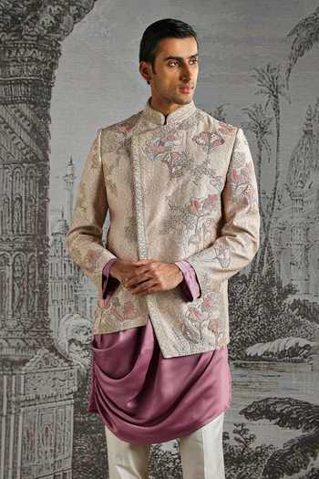 Asuka_Purple Silk, Satin Zari Embroidered Bandhgala Kurta Set _Online_at_Aza_Fashions