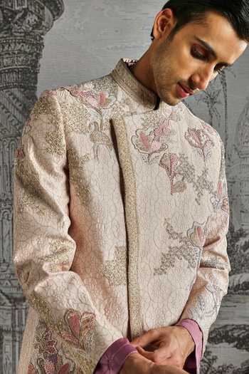 Buy_Asuka_Purple Silk, Satin Zari Embroidered Bandhgala Kurta Set _Online_at_Aza_Fashions