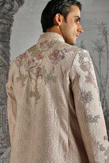 Shop_Asuka_Purple Silk, Satin Zari Embroidered Bandhgala Kurta Set _Online_at_Aza_Fashions