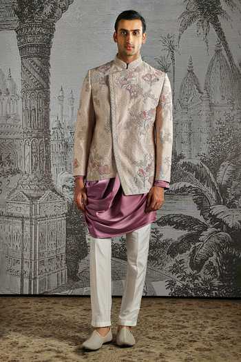 Asuka_Purple Silk, Satin Zari Embroidered Bandhgala Kurta Set _at_Aza_Fashions