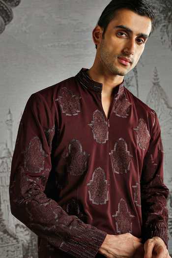 Buy_Asuka_Maroon Embroidered Kurta And Pant Set _Online_at_Aza_Fashions
