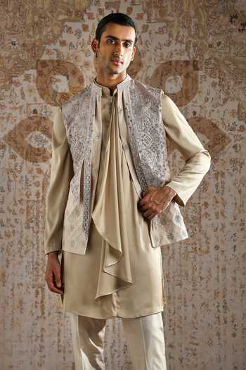 Asuka_Ivory Silk, Satin Sequins Embroidered Bundi Kurta Set _Online_at_Aza_Fashions