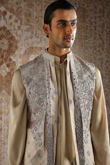 Shop_Asuka_Ivory Silk, Satin Sequins Embroidered Bundi Kurta Set _Online_at_Aza_Fashions