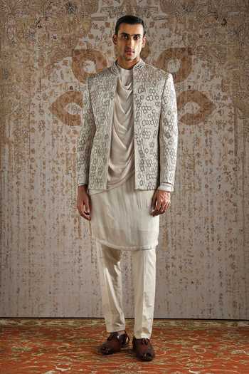 Asuka_Ivory Jacquard, Chanderi Embroidery Geometric Bandhgala Set _Online_at_Aza_Fashions