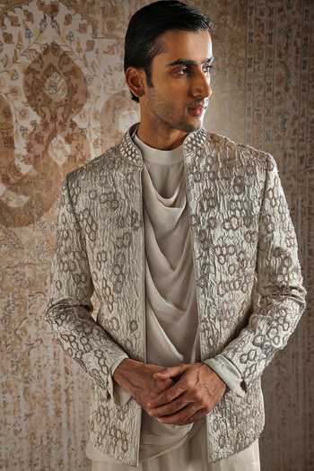 Buy_Asuka_Ivory Jacquard, Chanderi Embroidery Geometric Bandhgala Set _Online_at_Aza_Fashions