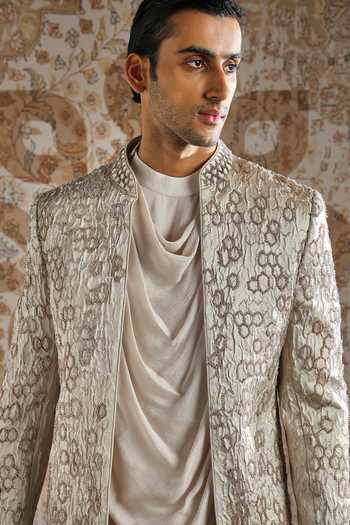 Shop_Asuka_Ivory Jacquard, Chanderi Embroidery Geometric Bandhgala Set _Online_at_Aza_Fashions